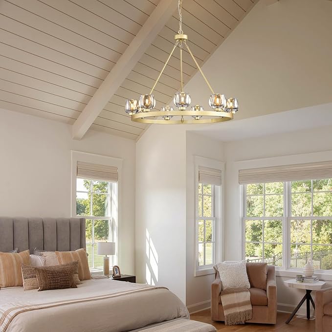Gold Wagon Wheel Chandelier, 36 Inch Brass Chandeliers with Unique Glass Shade, 9-Light Crystal Farmhouse Wagon Wheel Chandeliers for Dining Room, Round Chandelier for Living Room, Foyer, Entryway-HomvellaHome