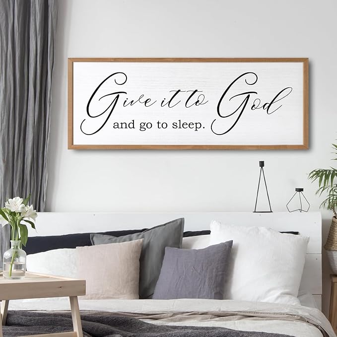 Give It To God And Go To Sleep Sign Wall Decor 40x15 Inch Large Farmhouse Master Bedroom Above Bed Hanging Wall Art Rustic Guest Room Wood Framed Over Bed Wall Decoration (Wood White)-HomvellaHome
