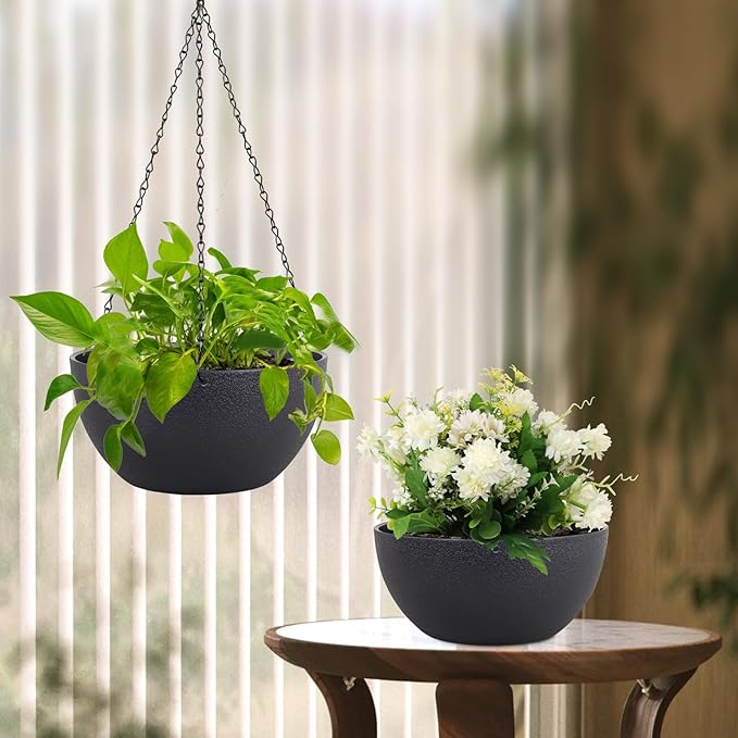 10 inch Hanging Planters for Indoor Outdoor Plants, 2 Pack Hanging Flower Pots with Drainage Holes and Chain for Garden Porch Plants, Round Plastic Hanging Baskets for House Plants, Black-HomvellaHome
