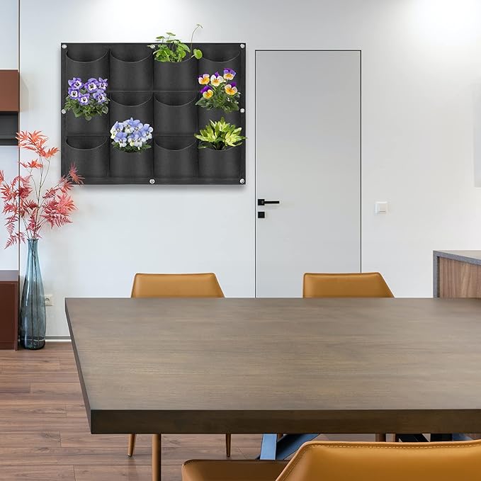 12 Pockets Hanging Planter Bags, Hanging Vertical Wall Mounted Plant Planting Grow Bags, Herb Garden Planter Outdoor Indoor Growing Bag, Gardening Vertical Greening Flower Container(0.6m×0.8m, Black)-HomvellaHome