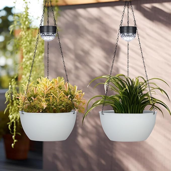 2 Packs Solar Hanging Basket Planters for Plants Outdoor, Self Watering White Flower Plants Pots with Solar Light Drainer for Balcony Patio Garden Outdoor Decoration-HomvellaHome