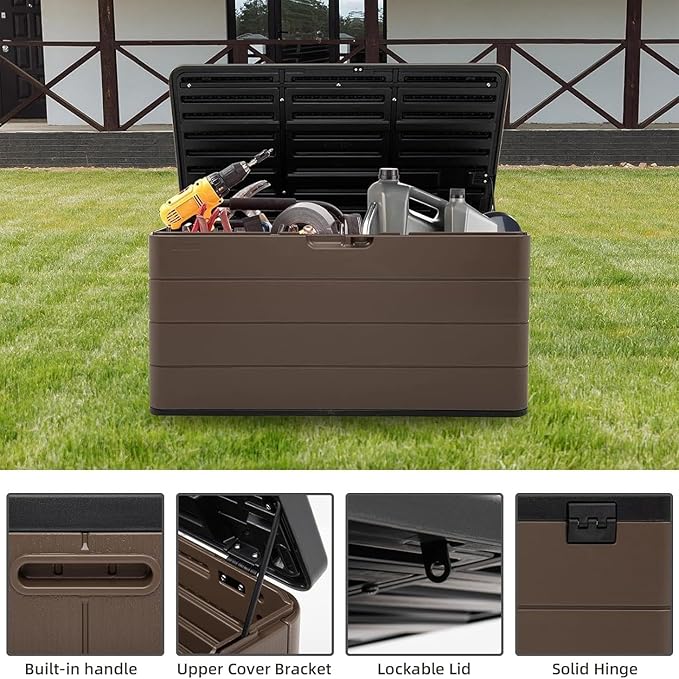 100 Gallon Plus Resin Deck Box, Waterproof Outdoor Storage Bin for Patio Furniture, Pool Accessories, and Garden Tools, Lockable & UV-Resistant, Brown-HomvellaHome