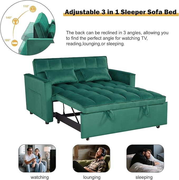 3 in 1 Sleeper Sofa Bed, Futon Sofa Bed for Living Room with Side Pocket, Green Sleepers Sofas Couch with Pullout Beds, Convertible Love Seat Sleepers Couch for Living Room, Bedroom-HomvellaHome