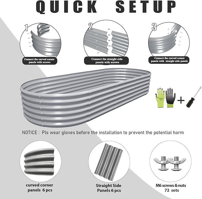 1 Pack 8x3x1.5FT Galvanized Raised Garden Bed Kit Oval Metal Ground Planter Box Outdoor Bottomless Planter Raised Beds for Vegetables Flowers Herbs Fruits, Gray-HomvellaHome