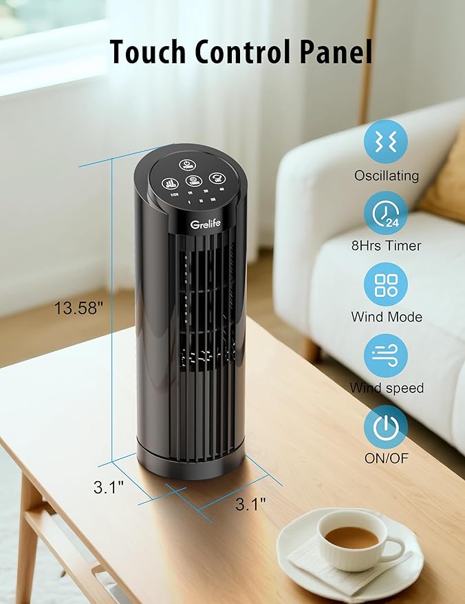 Grelife 13'' Tower Fan for Bedroom, 26dB Quiet Floor Fan with Remote, 3 Mode, 1-8H Timer, 90° Oscillating Fans for Indoors with 27ft/s Velocity, Portable Desk Table Fan for Room, Home, Office,Black-HomvellaHome