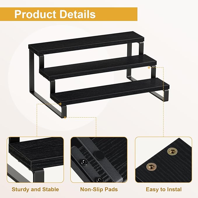 Giikin 3 Tier Spice Rack, Cabinet Organizer Shelf, Wooden Spice Rack for Countertop, Kitchen Counter Storage Shelves Cupcake Stand Holder Display Stand, Black-HomvellaHome