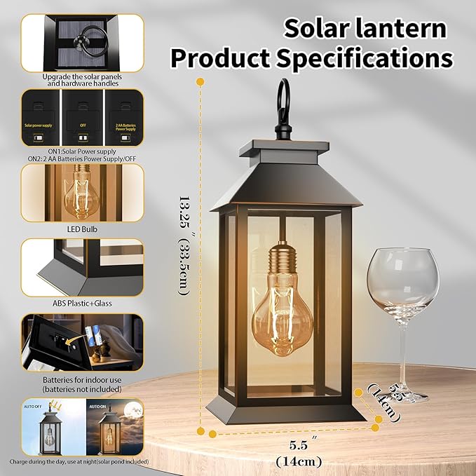 2 Pack Hanging Solar Lanterns Glass Solar Lights Outdoor Waterproof Upgraded Solar and 2 AA Batteries Powered, for Outside Porch, Patio and Indoor Tables, Mantelpiece-HomvellaHome