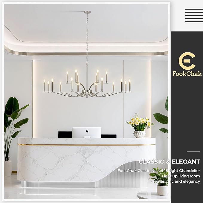 18 Light Nickel Living Room Chandelier High Ceiling Foyer Candle Chandelier Large Modern 59in Metal Chandeliers Hanging Light for Master Bedroom Dining Room Light Fixture Over Table-HomvellaHome
