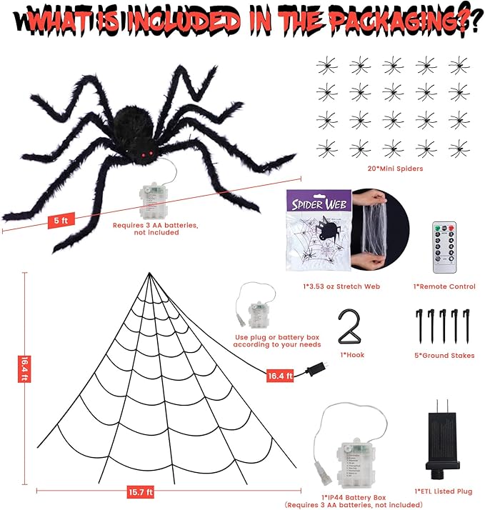 16.4 X 15.8Ft Giant Spider Web Halloween Decorations with 250 LED Lights, Halloween Spider Web Outdoor with 5Ft Large Spider, 3.53 Oz Stretch Web and 20 Small Spiders for Yard House Party Decoration-HomvellaHome