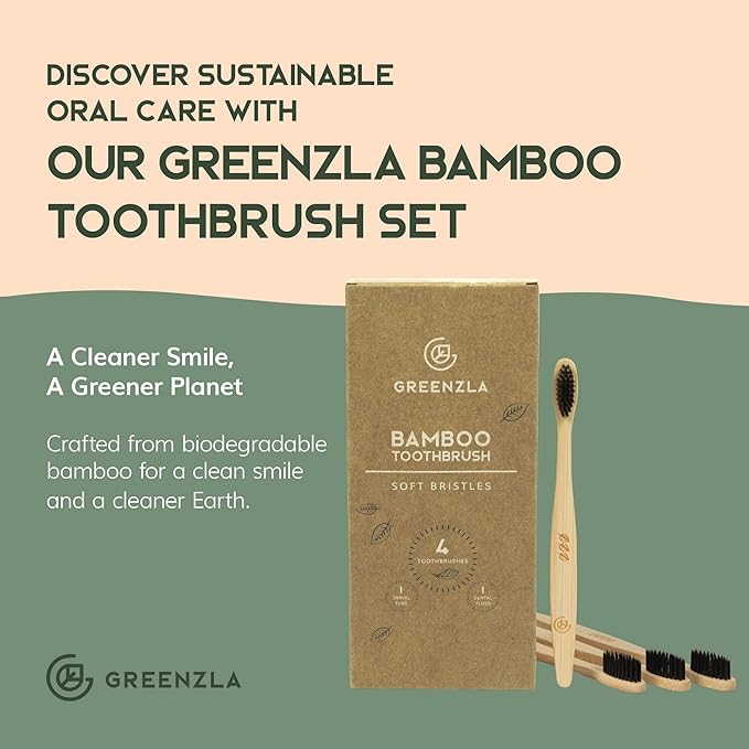 Greenzla Bamboo Toothbrushes, Wooden Toothbrush Set with Soft Bristles, Includes Travel Case and Charcoal Dental Floss, 4 Pack-HomvellaHome