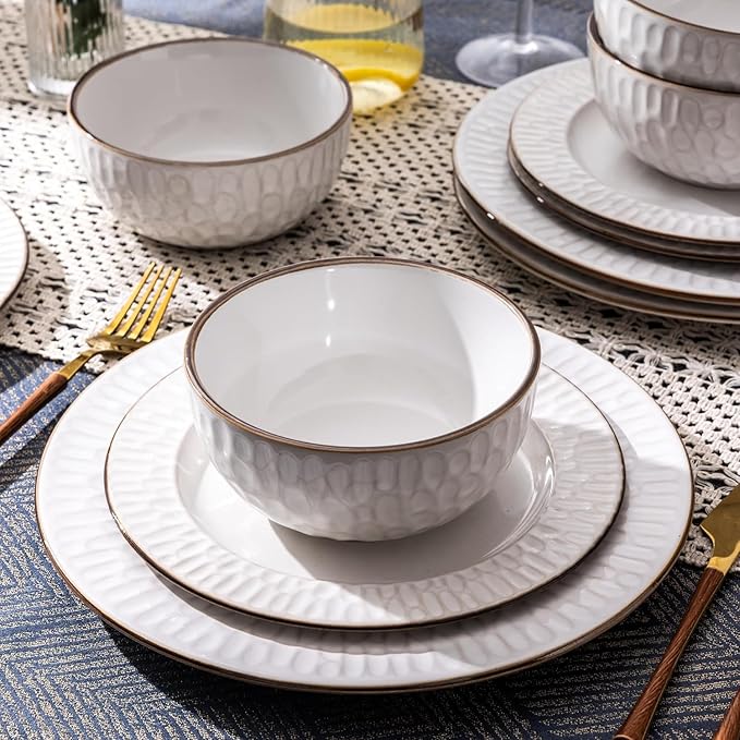 GBHOME Ceramic Dinnerware Sets,18 pcs Embossed Elegant Stoneware Plates and Bowls Sets, Housewarming Wedding Gift | Dishwasher & Microwave Safe | Dishes Set Service for 6-HomvellaHome