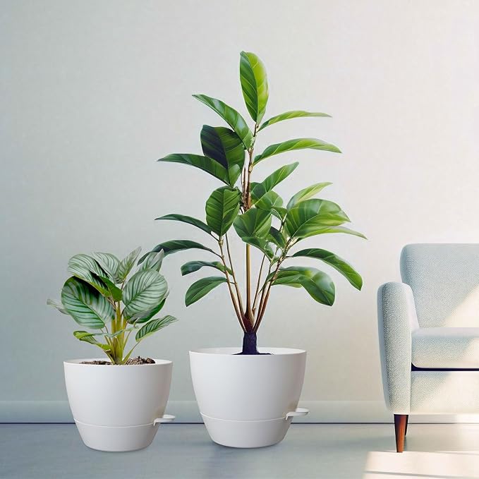 10/9/8 inch Medium Self Watering Pots, Plant Pots with Mesh Drainage Holes for Indoor Outdoor Garden Plants, Flower Pots with Removable Reservoir, Set of 3 Plastic Planters, White-HomvellaHome