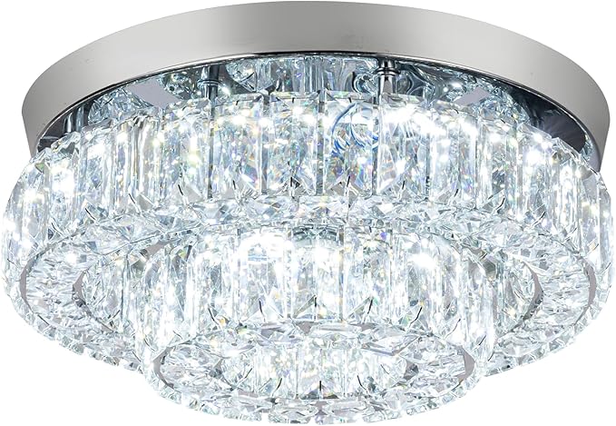 12 Inch Crystal Chandelier LED Ceiling Light 2 Tier Flush Mount Ceiling Light Fixtures Modern Chandelier Lighting for Hallway Bedroom Dining Room Kitchen (Cool White)-HomvellaHome