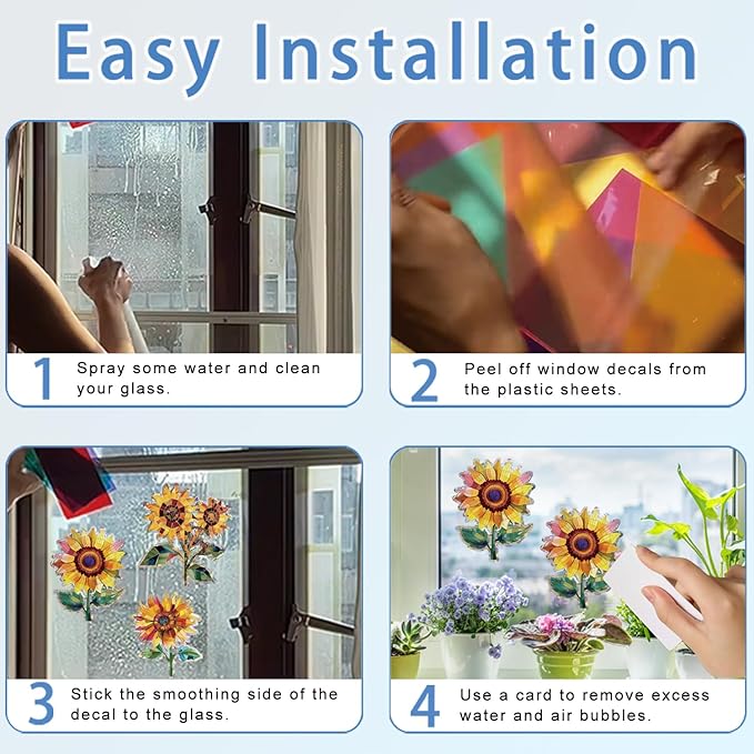 12pcs Window Decals for Bird Strikes, Anti Collision Window Clings, Rainbow Reflection Window Sticker, Sunflower Style Sun Catcher Stickers for Glass Windows-HomvellaHome