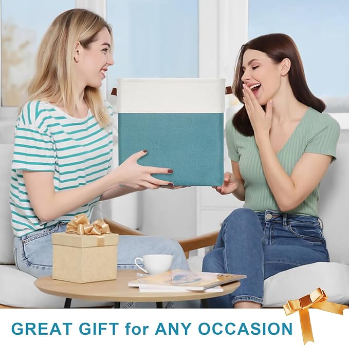 13x13 Cube Storage Bins, Collapsible Fabric Storage Box, 4 Pack Closet Baskets with Handles for Organizing, Shelf, Toys, Clothes, Home, Office, Nursery (Teal&White)-HomvellaHome