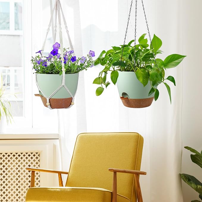 10 inch Self Watering Hanging Planters for Indoor Plants, 2 Pack Hanging Baskets for Outdoor Plants, Hanging Flower Pots with Drainage Holes & 2 Kinds of Plant Hangers for Home Decor, Green-HomvellaHome