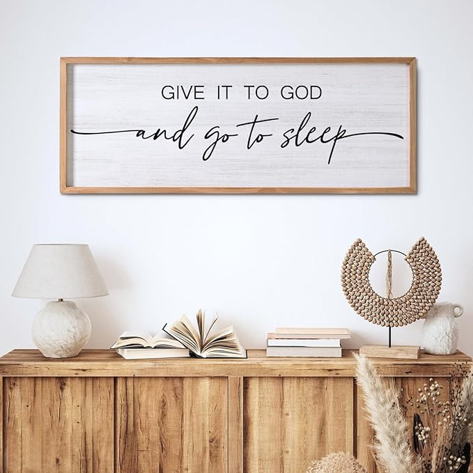 Give It to God and Go to Sleep Decorative Rustic Sign & Plaque Framed Wall Art for Couples, 40''×15'' Vintage Cottagecore Wooden Horizontal Wall Decor Above Bed, Farmhouse Wedding Gift for Bedroom-HomvellaHome
