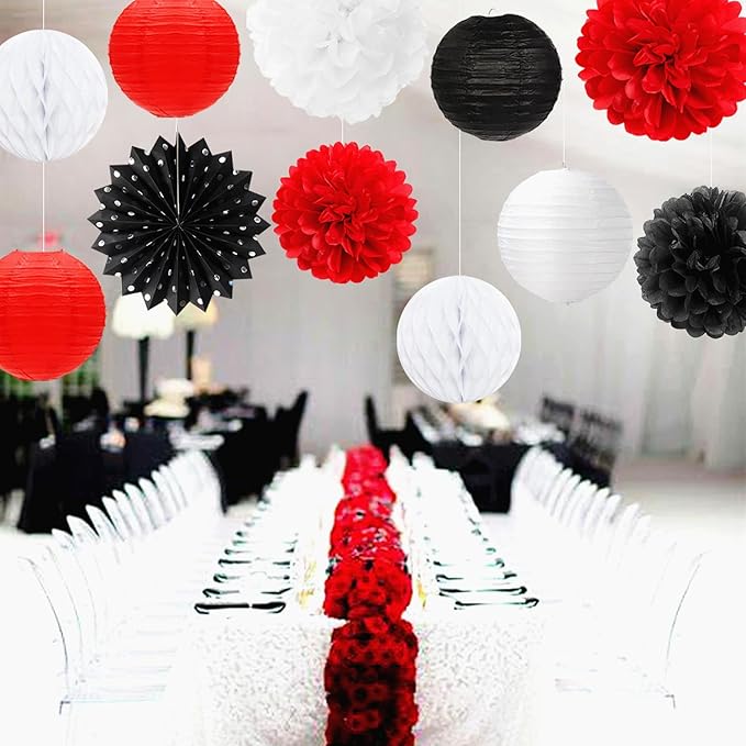 Black White-Red Party-Decorations Streamers Lanterns - 14pcs Birthday Graduation 2025 Paper Honeycomb Fan,Tissue Pom Poms,Men Women Wedding Baby Shower Backdrop Supplies Decor Ouruola