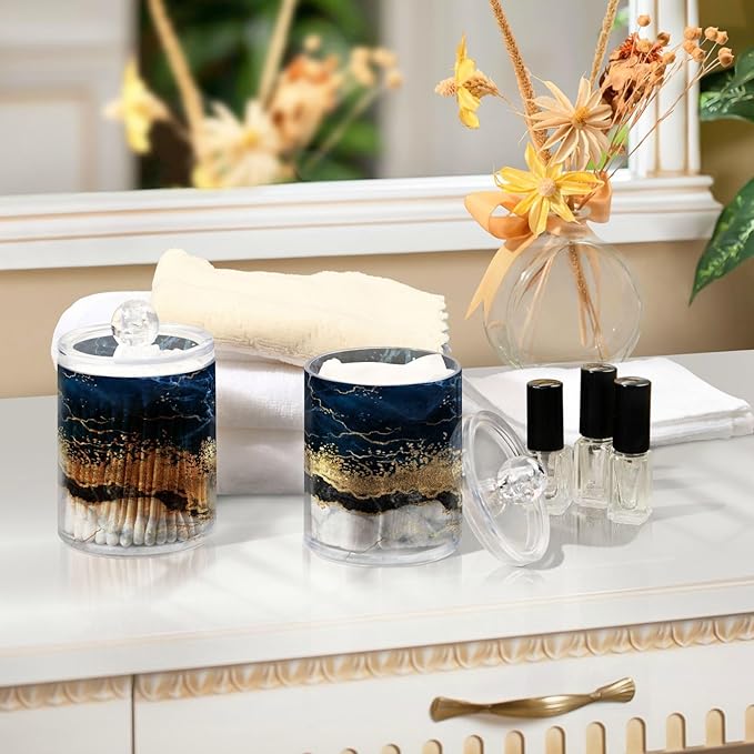 2 Pack Qtip Holder Dispenser Navy Blue Marble Bathroom Storage Canister Lid Acrylic Plastic Apothecary Jar Set Vanity Makeup Organizer for Cotton Swabs/Pads/Floss-HomvellaHome