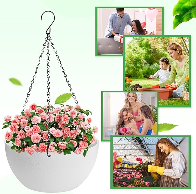 10 inch Hanging Planters for Indoor Plants, 2 Pack Planters for Outdoor Plants with Drainage Holes and Chain, Round Plastic Hanging Baskets, Hanging Flower Pots for Balcony Garden Decor-White-HomvellaHome