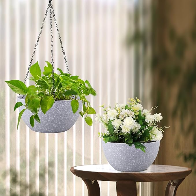 10 inch Hanging Planters for Indoor Outdoor Plants, 2 Pack Hanging Flower Pots with Drainage Holes and Chain for Garden Porch, Plastic Hanging Baskets for House Plants, Speckled Grey-HomvellaHome
