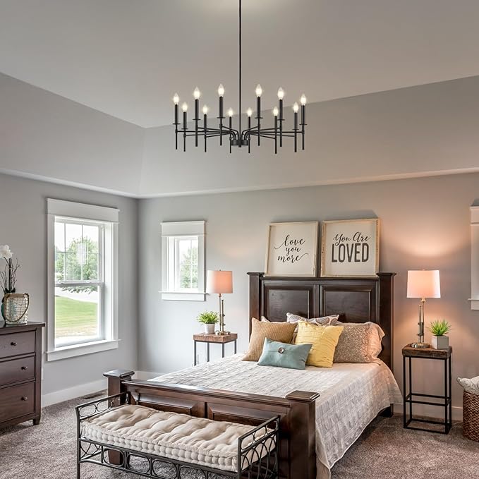 12 Light Black Chandelier Light Fixture, Modern Farmhouse Chandeliers for Dining Room Light Fixture, Metal Candle Pendant Chandelier for Foyer Entryway Stairs Living Room Bedroom Kitchen-HomvellaHome