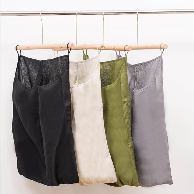 100% Pure Linen Dual Hanging Laundry Bag with 2 Deep Pocket and 2 Side Zipper 20x27in, Over The Door Laundry Hamper Space Saving Hampers for Dirty Clothes Home Travel, Green-HomvellaHome