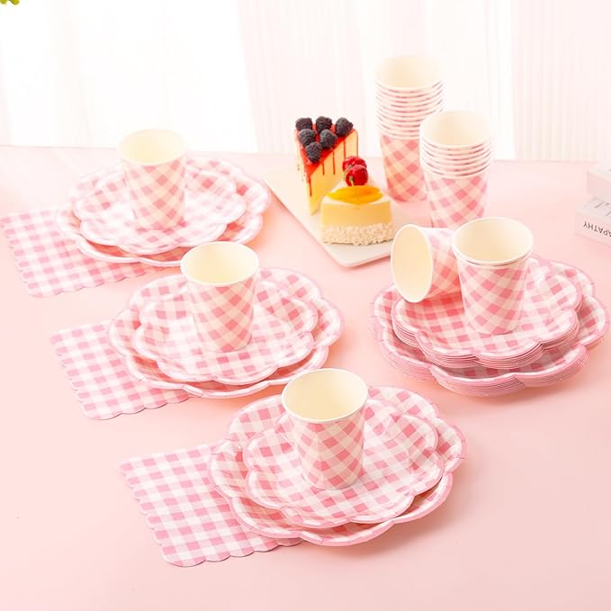 175 Pcs Pink Gingham Plates and Napkins Party Supplies - Pink and White Checkered Plates Sets Serve 25 Guests - Scalloped Gingham Paper Plate for Birthday Wedding Picnic Party Decorations-HomvellaHome
