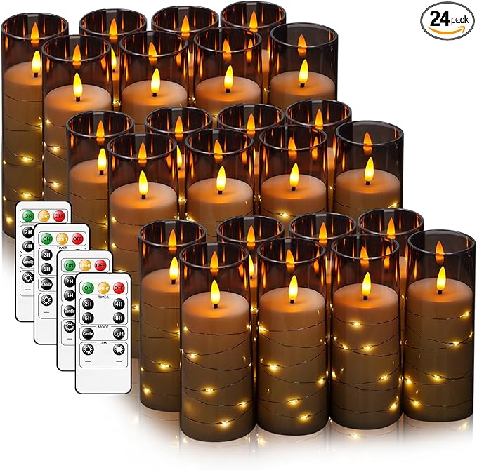 Flickering Flameless LED Candles,Battery Operated Candles 24 Pcs with Embedded Star String,Acrylic LED Pillar Candles with Remote,Suitable for Home Decoration to Create an Atmosphere (Grey)