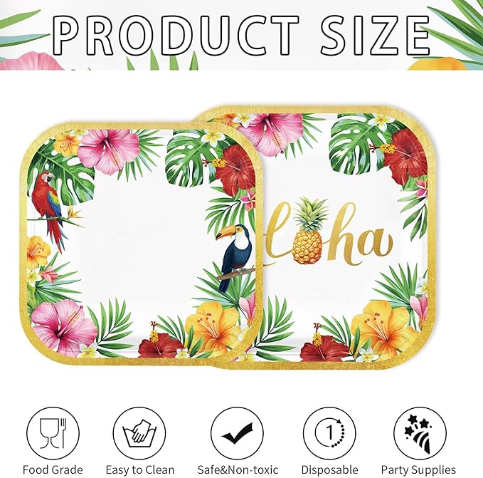 Grencian 200Pcs Hawaiian Luau Party Decorations Aloha Tropical Hibiscus Floral Luau Plates and Napkins Palm Leaf Tableware Sets for Summer Holiday Hawaiian Birthday Dinner Party Supplies Serves 50-HomvellaHome