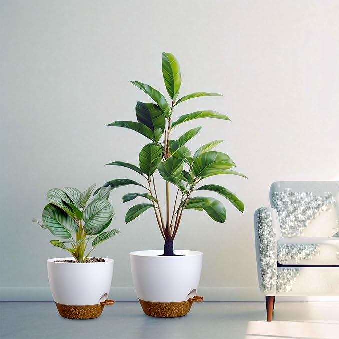 10/9/8 inch Medium Self Watering Pots, Planter, Plant Pots with Mesh Drainage Holes for Indoor Outdoor Garden Plants, Plastic Flower Pots with Removable Deep Reservoir, White with Brown-HomvellaHome