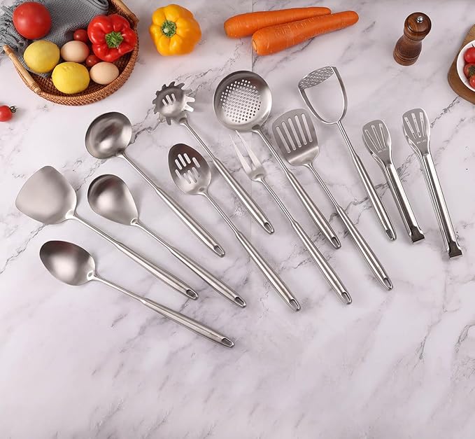 18/10 Stainless Steel Kitchen Utensils Set - 12 PCS All Metal Cooking Tools & 15″ Serving Utensils - Potato Masher, Meat Fork, Tongs, Turner, Pasta, Serving Spoon, Skimmer, Ladle, Spatula Spoon Set-HomvellaHome