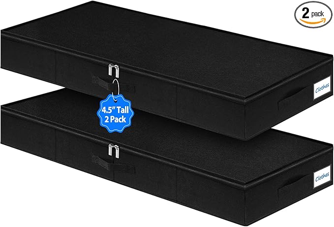 Under Bed Storage Containers, Low Profile Underbed Storage Bin 4.5 Inches Tall Clothes Storage Organizer With Rigid Side & Bottom, Shallow Thin Under Couch Dresser Storage Dorm With Lid - 2Pcs Black-HomvellaHome