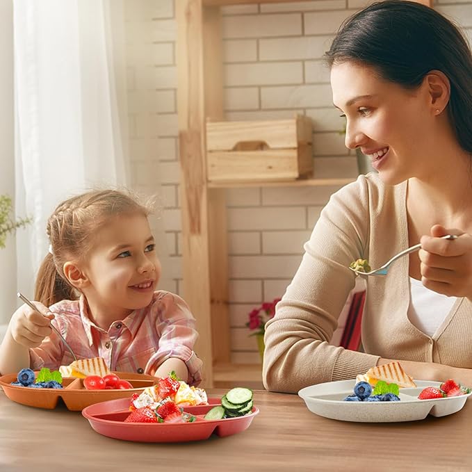 greenandlife 9 Inch 4PCS Unbreakable Portion Control Plates, Divided Plates for Kids Adults, Dishwasher & Microwave Safe Compartment Plate, Lightweight Reusable Wheat Straw Plate, BPA Free-HomvellaHome