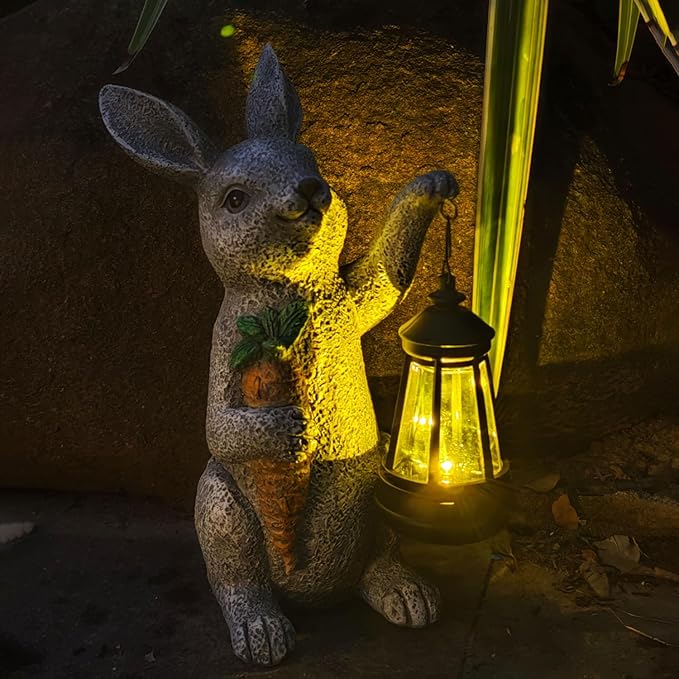 Garden Statues Rabbit Solar Lantern Outdoor Handmade Resin Statue Bunny with Cute Carrot for Patio, Yard,Mother's Day Gift Ideas (rabbit1)-HomvellaHome