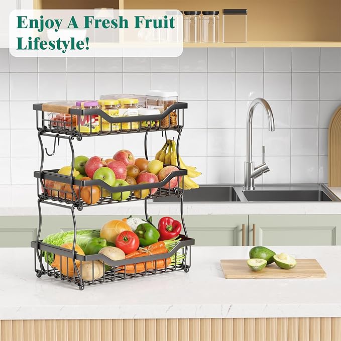 Giwil 3 Tier Countertop Fruit Basket for Kitchen, Vegetable Storage Bread Fruit Bowl Stand with 2 Banana Hooks, Wall Mounted Metal Wire Basket Organizer for Potato Onion, Black-HomvellaHome