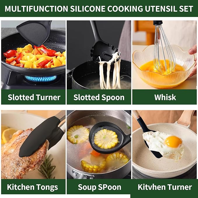 13-Piece silicone utensil set wood handle nonstick cookware safe dishwasher safe kitchen tools BPA free heat resistant (450°F/230°C) ceramic pan safe cooking gifts housewarming (Black)-HomvellaHome