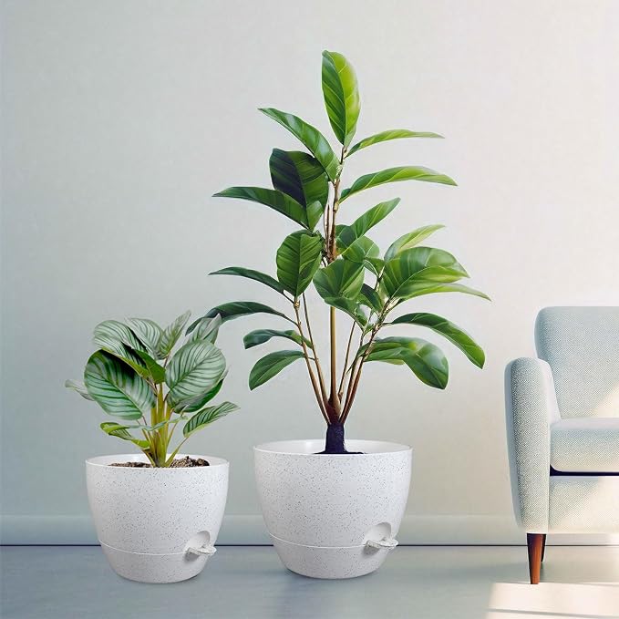 12/10/9 inch Large Self Watering Pots, Plant Pots with Mesh Drainage Holes for Indoor Outdoor Garden Plants, Flower Pots with Deep Reservoir, Set of 3 Plastic Planters, Specked White-HomvellaHome