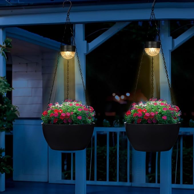 2 Packs Hanging Planters Basket for Outdoor Plants, Solar Powered Self Watering Black Round Plastic Flower Pots with Drainer for Balcony Patio Garden Outdoor Decoration-HomvellaHome