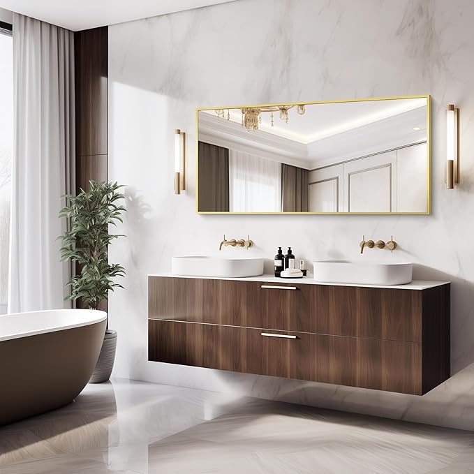 Gold Bathroom Mirror for Wall, 60x30 Inch Rectangle Mirrors with Metal Frame, Modern Vanity Wall Mirror Decor for Bathroom Living Room, Entryway Hangs Horizontal or Vertical-HomvellaHome