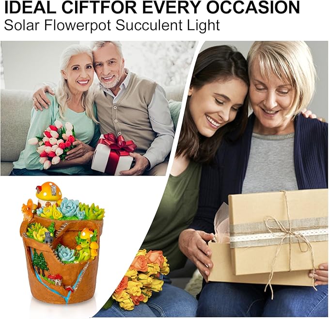 Garden Solar Figurine Light - Flowerpot Succulent Solar Light Outdoor, Solar Powered Lighting Outside Decorations Yard Art Lawn Ornaments for Porch Patio Balcony - Succulent Gifts for Women Mom-HomvellaHome