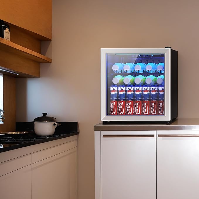 1.77 Cu.Ft Beverage Fridge, Mini Fridge With Glass Door, Beverage Cooler Refrigerator, Wine Drink Beer Fridge, Adjustable Shelves & Digital Temperature Display, 16 Bottle 68 Can, Silver-HomvellaHome