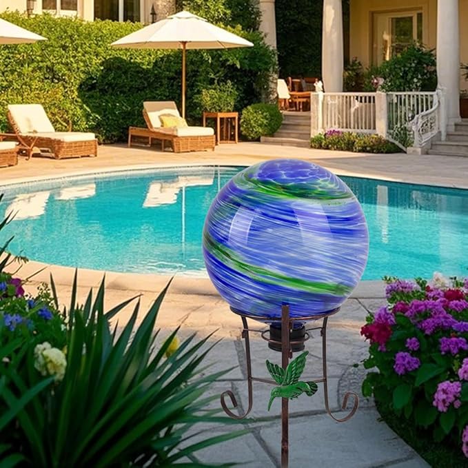 10" Diameter Gazing Ball with 8.5" Hummingbird Metal Stand Outdoor Garden Decor,Glass Globe Sphere Yard Art Decorations Outdoor,Glass Gazing Balls for Garden,Home,Lawn,Patio,Porch(Blue)-HomvellaHome