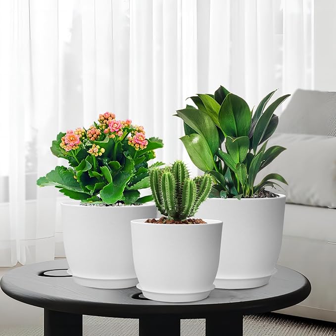 12/10/9 inch Large Plant Pots, 3 Pack Modern Decorative Plastic Planters with Drainage Holes and Saucers, Flower Pots for Indoor Outdoor Plants, White-HomvellaHome