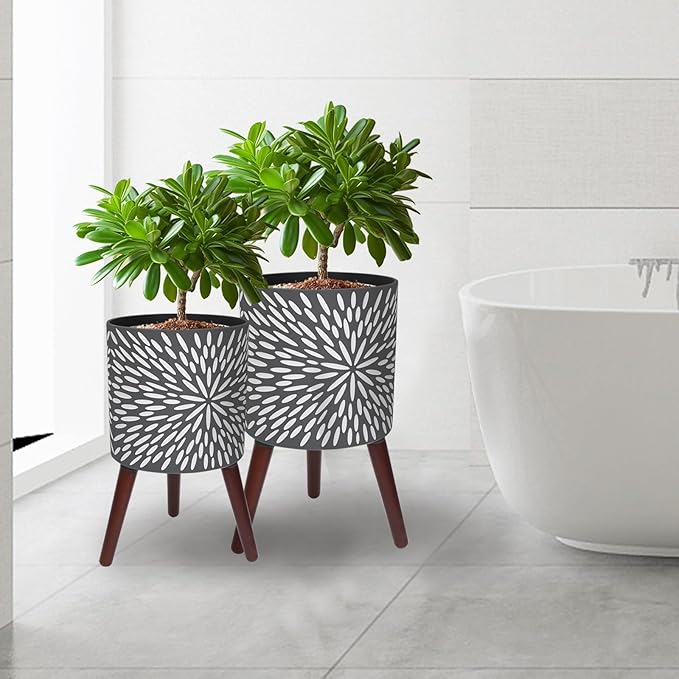 10 & 12 Inches Plant Pot with Stand Set of 2, Large Matte Gray Modern Planters for Indoor Outdoor Plants with Drainage Holes, Big Flower Pots with Wood Legs-HomvellaHome