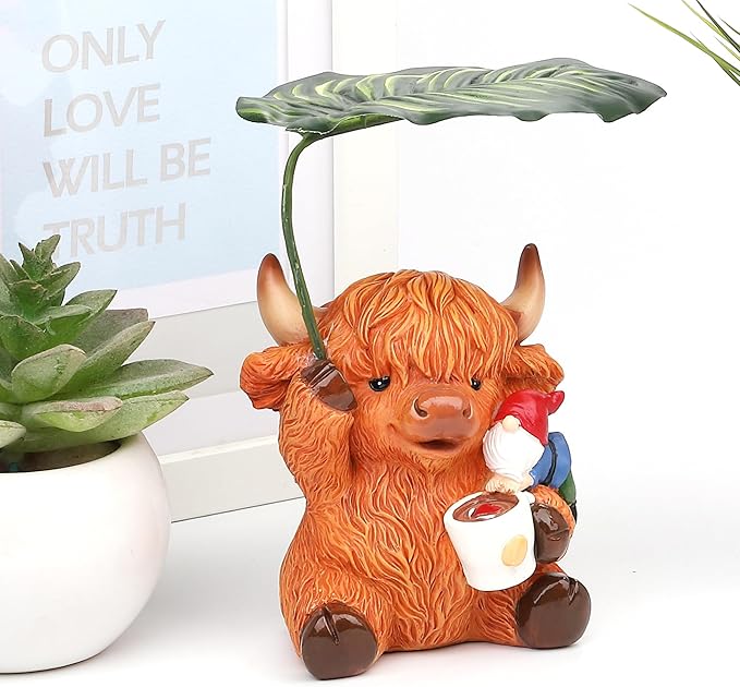 Garden Gnome with Highland Cattle 6.5“ Figurine Ornament for Indoor Outdoor Home Patio Yard Lawn, Red Hat, Blue Outfit, Indoor Outdoor Decorative Statue-HomvellaHome