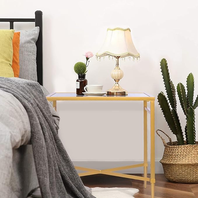 Gold End Table, Rectangle Side Table with Mirrored Top, Modern Metal End Table, Small Narrow Side Table for Living Room, Balcony, 22" L x 12.4" W x 24" D-HomvellaHome