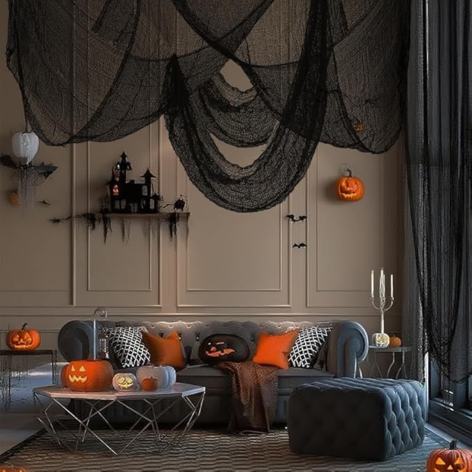 (Large Size 48 x 315 inch) Halloween Creepy Cloth - Spooky Giant Cheese Cloth Tapestry for Outdoor Yard Home Wall Decor Halloween Party Supplies & Decorations - Black
