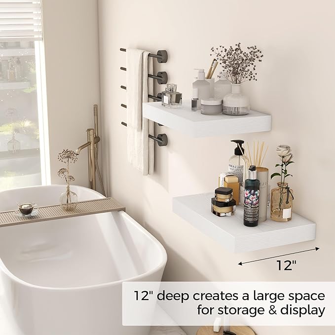 12 Inch Deep White Floating Shelves, 16 x 12 Floating Shelf for Books, Rustic Wood Deep Wall Shelves for Home Storage & Display, 2" Thicked Shelves for Kitchen, Living Room, Bedroom, 2 Pack-HomvellaHome