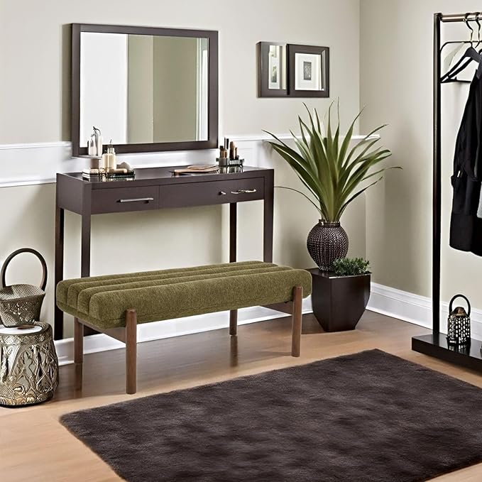 Green Upholstered Bench Modern End of Bed Bench Chenille Fabric Bedroom Bench for Entryway Living Room Vanity Makeup Room, 47" Long, Wooden Legs-HomvellaHome